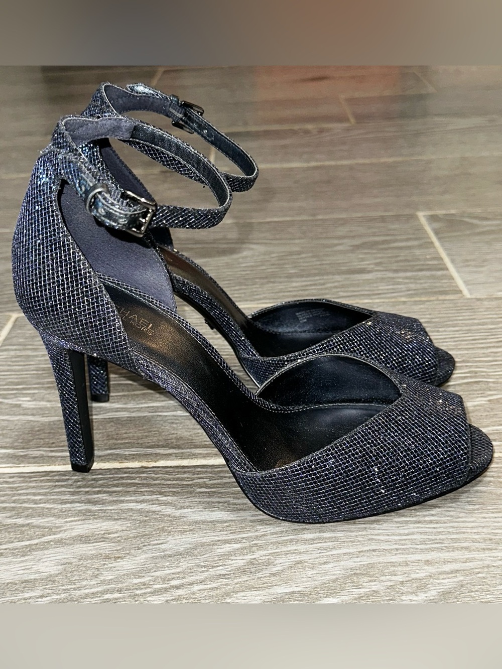 Michael Kors Cambria Open Toe Ankle Strap Metallic Heels Navy Womens 10M Glitter - Picture 5 of 10